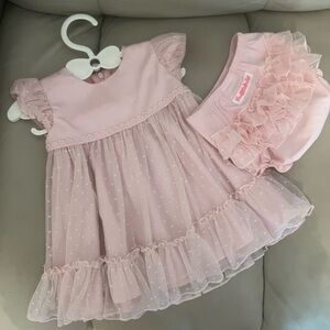 EUC RuffleButts Pink Swiss Dot tulle lace dress with ruffle butt bloomers